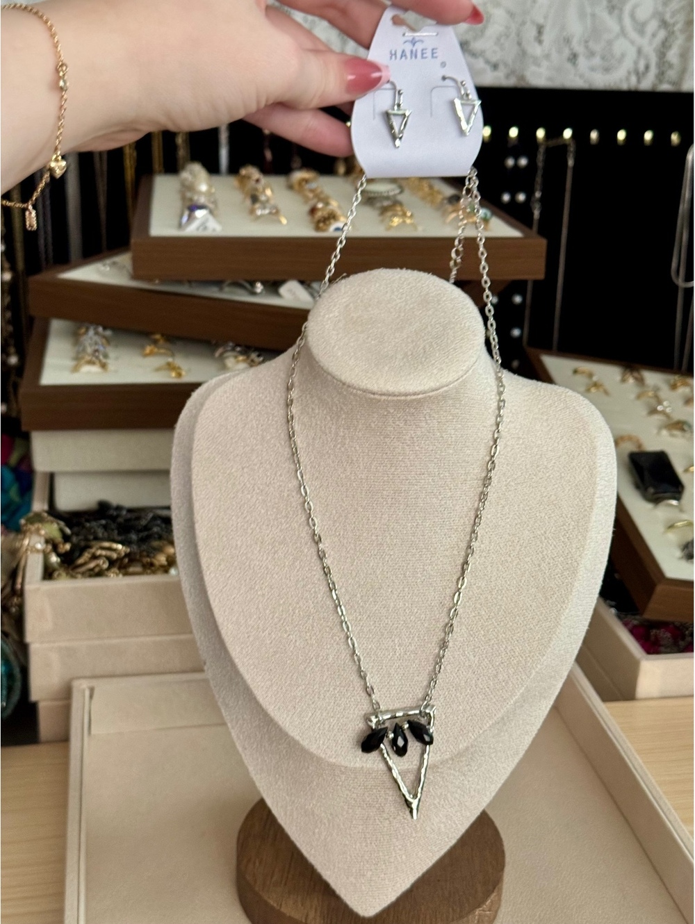 HANEE Silver Tone Black Bead Triangle Necklace & Earrings Jewelry Set